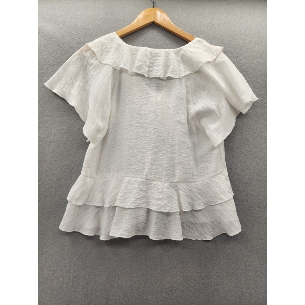 Zara White Ruffle Peplum Blouse Womens Medium Textured V-Neck Flutter Sleeve Top - Picture 5 of 10
